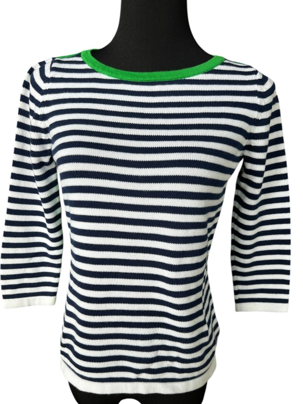 Liz Claiborne Striped Sweater Size M Navy White Green Contrast 3/4 Sleeve Preppy
